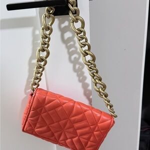 Zara Quilted Orange Shoulder Bag with Gold Chain